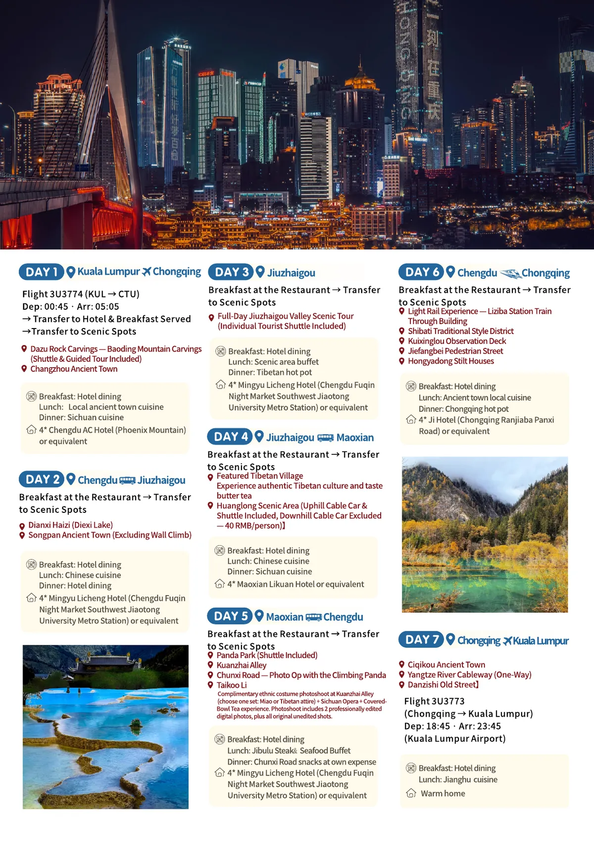 Chongqing Chengdu Jiuzhaigou 7D6N English Itinerary Poster